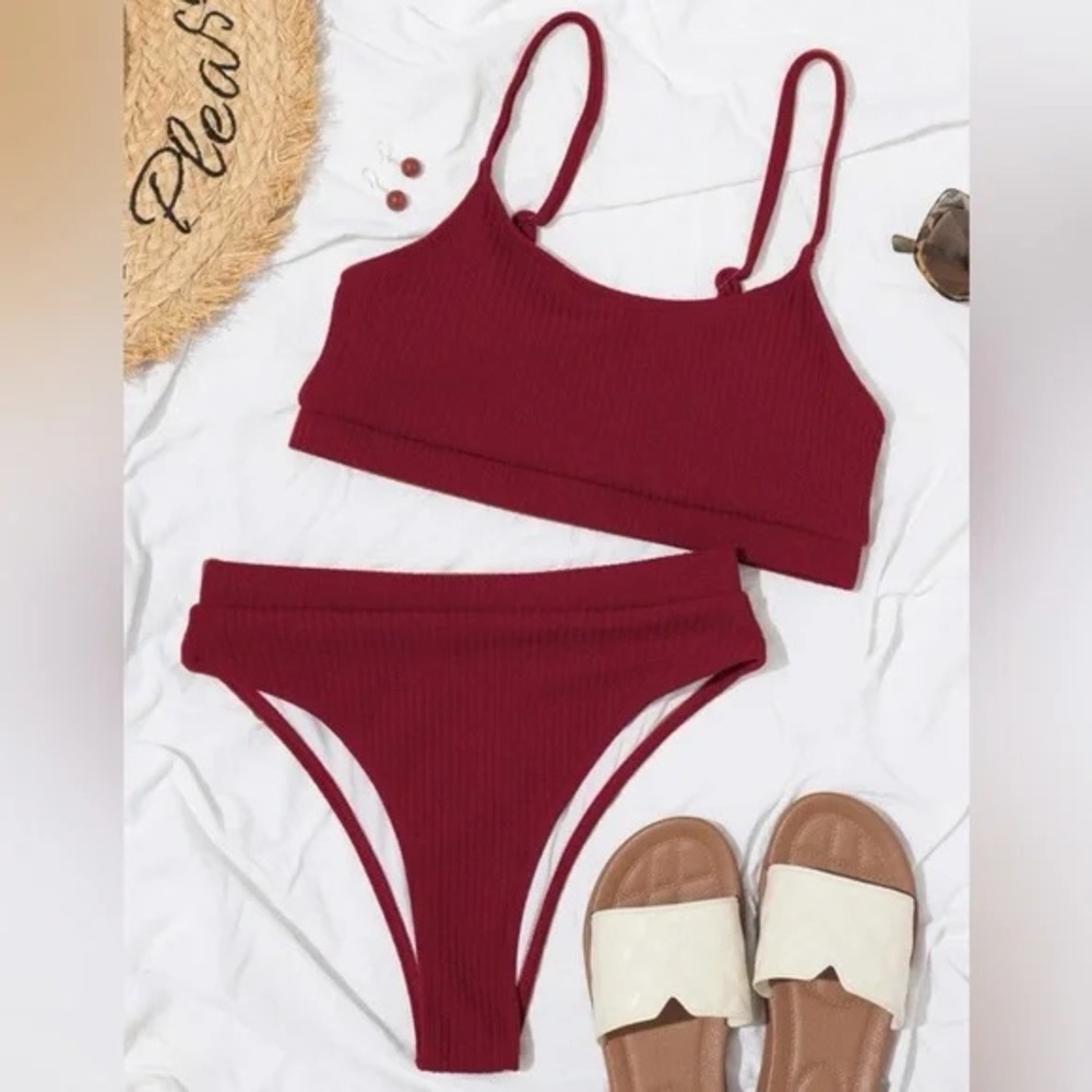 Solid Red Ribbed Two Piece High Leg Bralette Styl… - image 1